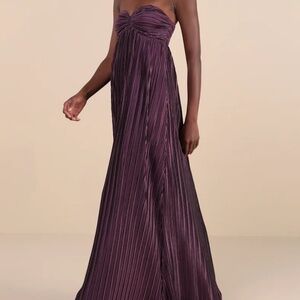 Lulus Whimsical Beauty Dark Purple Satin Plisse Strapless Maxi Dress - Size M